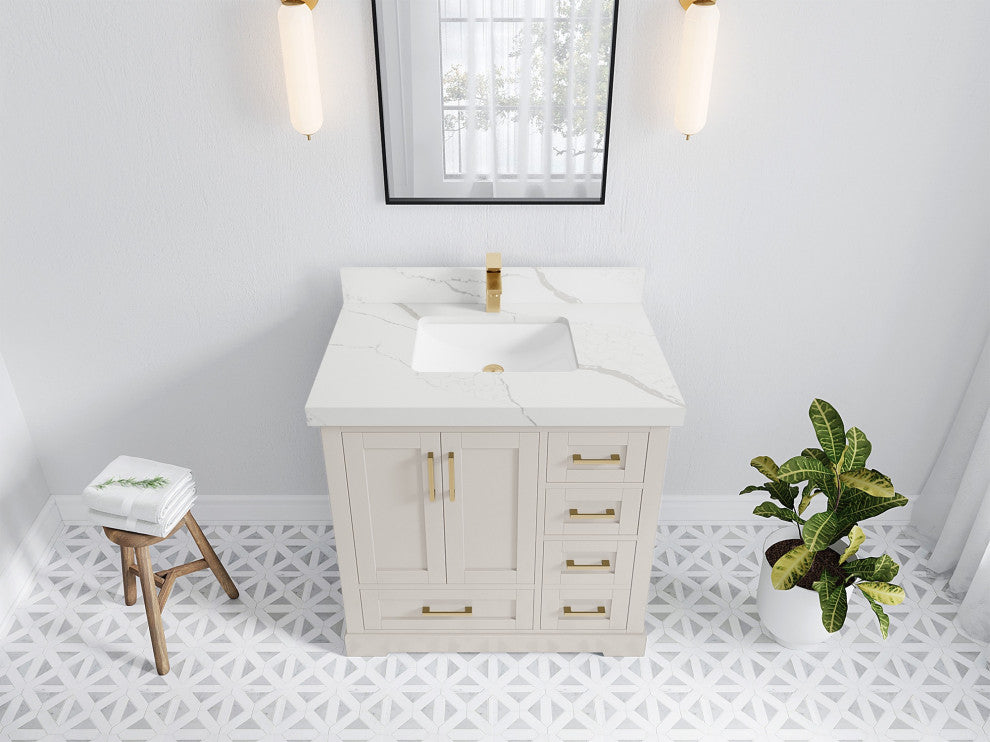 Boston 36" Center Sink Bath Vanity in Fine Grain 2" Calacatta Laza