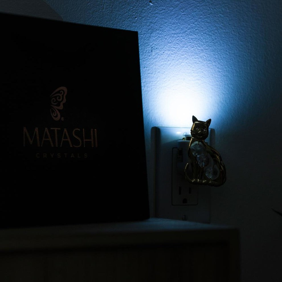 24K Gold Plated Crystal Studded Kitty Cat Night Light With White LED Bulb