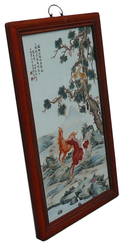 Chinese Rosewood Porcelain Monkey Horses Scenery Wall Plaque Panel