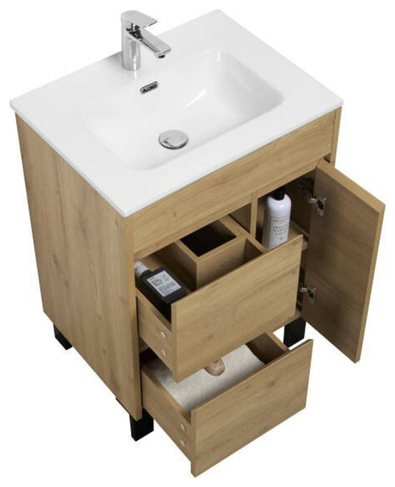 Alma Grace Natural Oak finish Freestanding Vanity With Porcelain sink, 24"