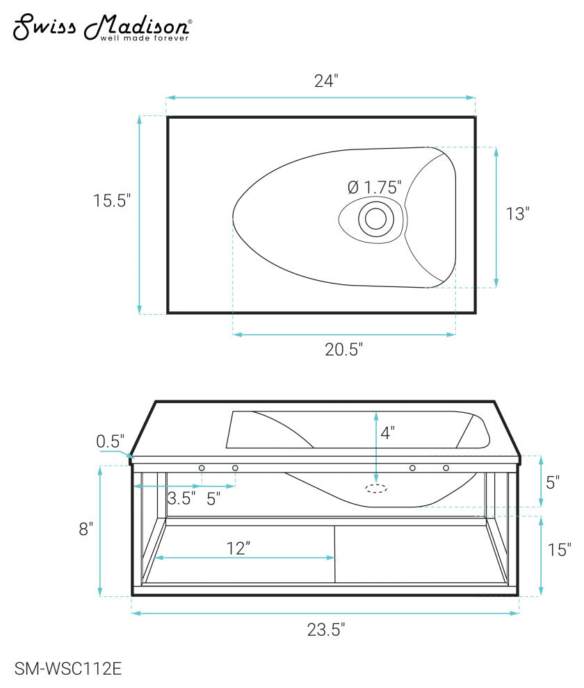 Lisse 24" Rectangle Concrete Wall-Mount Bathroom Sink, Dark Gray