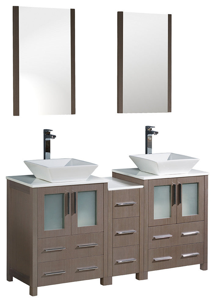 Torino 60" Gray Oak Modern Double Sink Bathroom Vanity, Faucet FFT9162CH