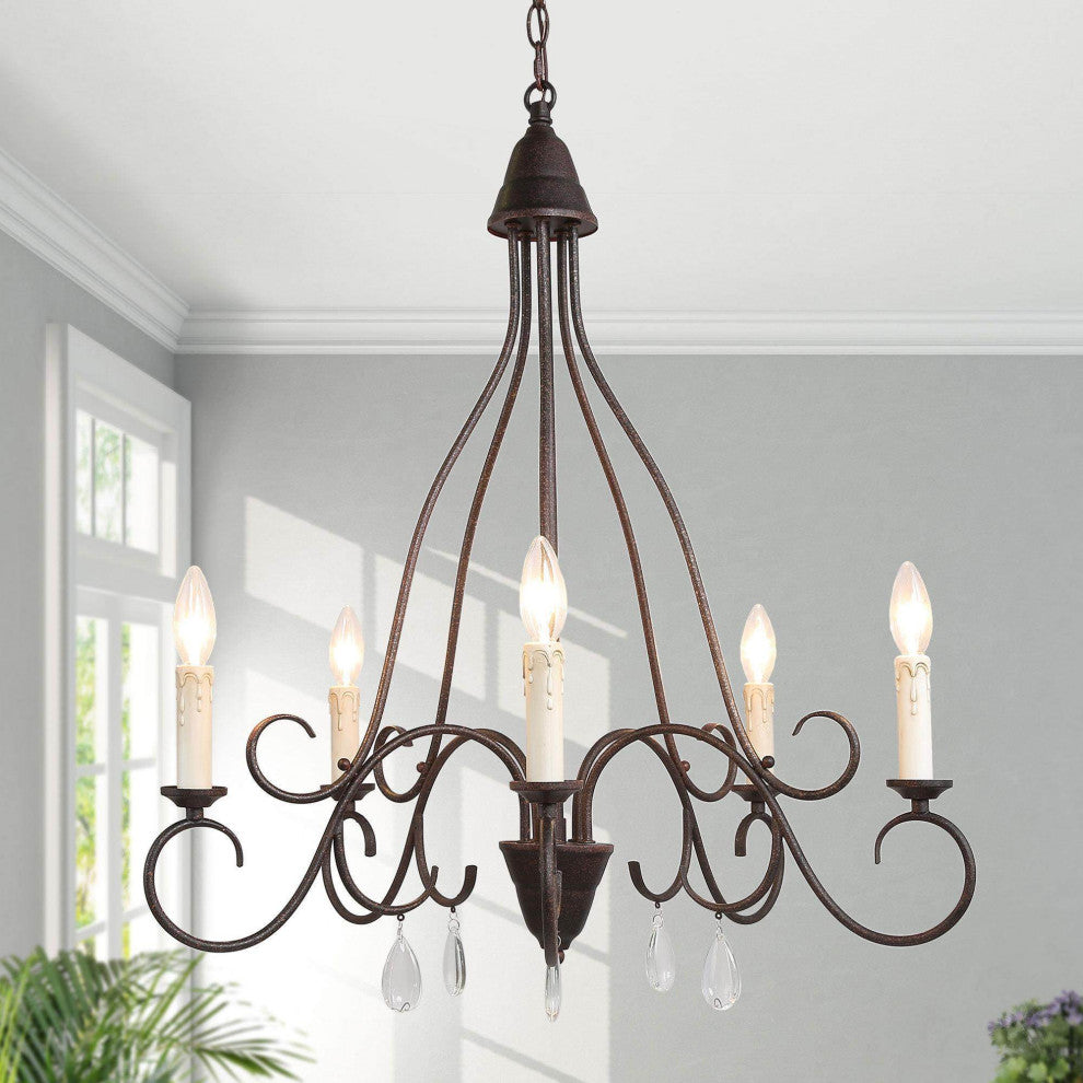5-Light Transitional Rust Metal, Crystal Drops Chandeliers Lighting