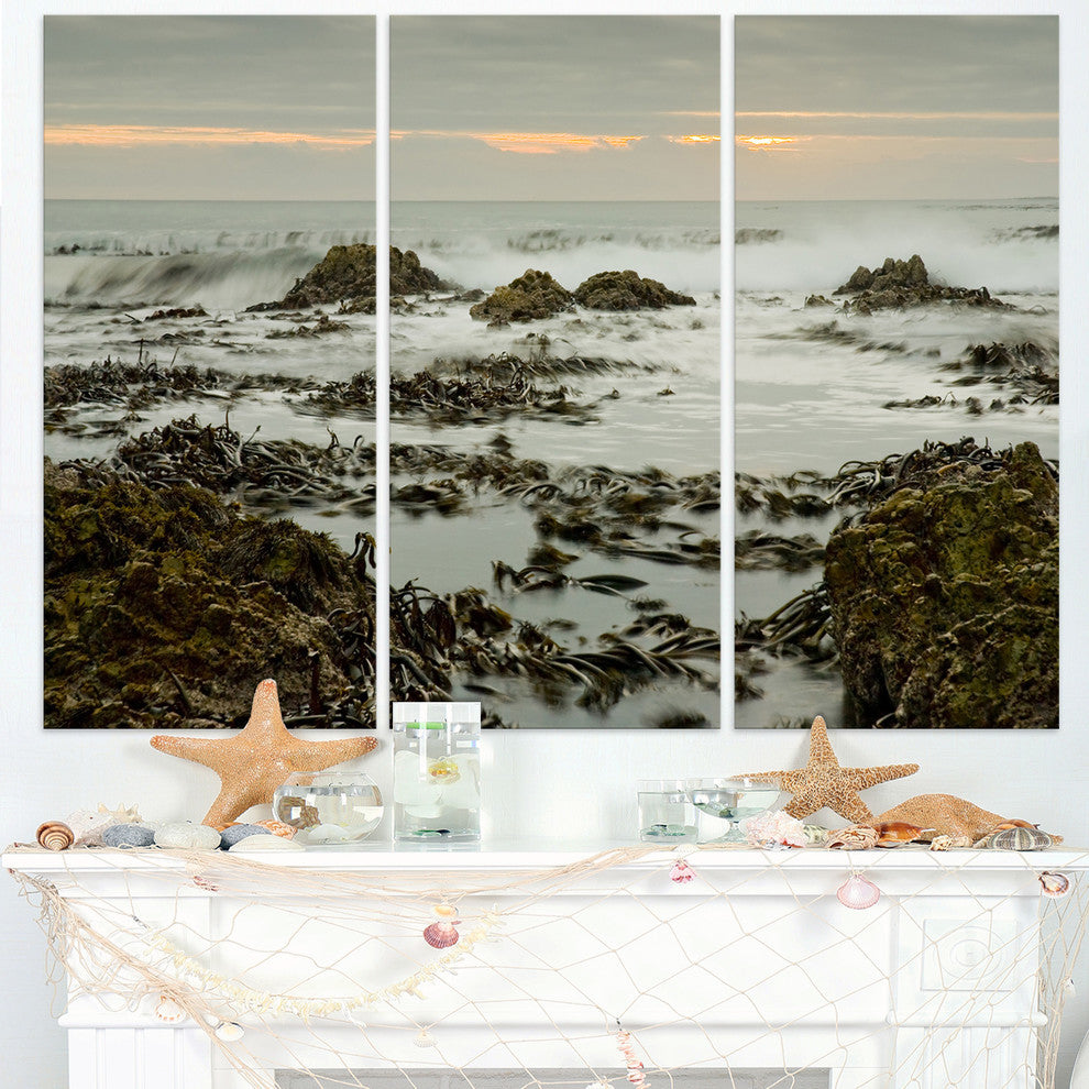 "Gloomy Sunset Over Rocks and Waves" Metal Wall Art, 3 Panels, 36"x28"
