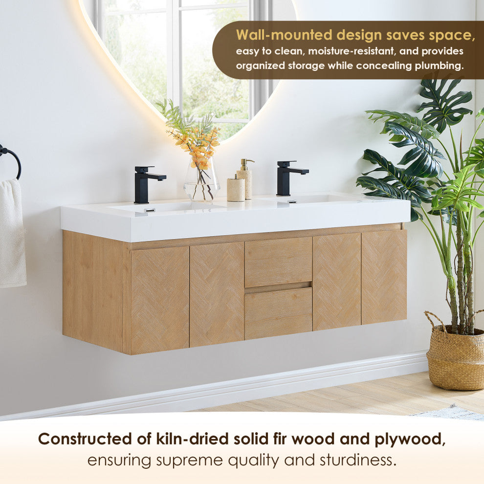 Siena Wall-mounted Single Bath Vanity, Light Brown, 60inch, No Mirror