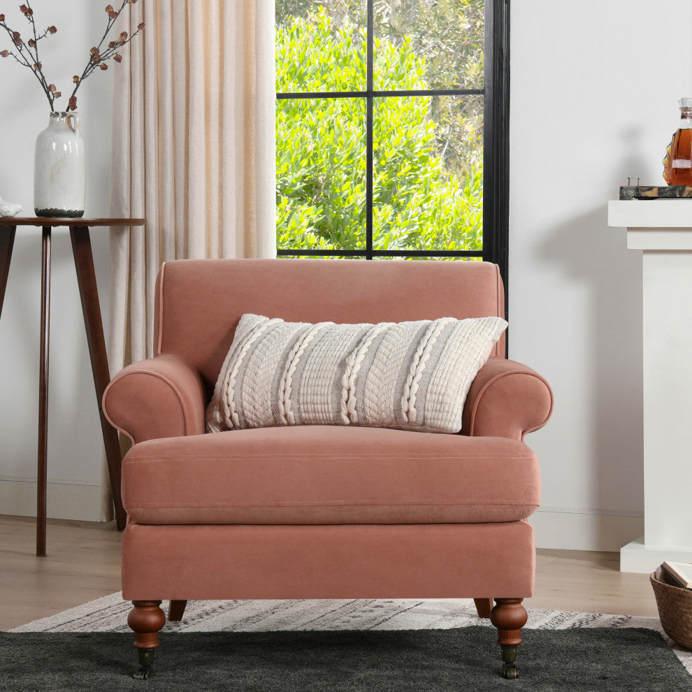 Alana 38" Lawson Accent Arm Chair, Metal Casters, Peach Orange Velvet