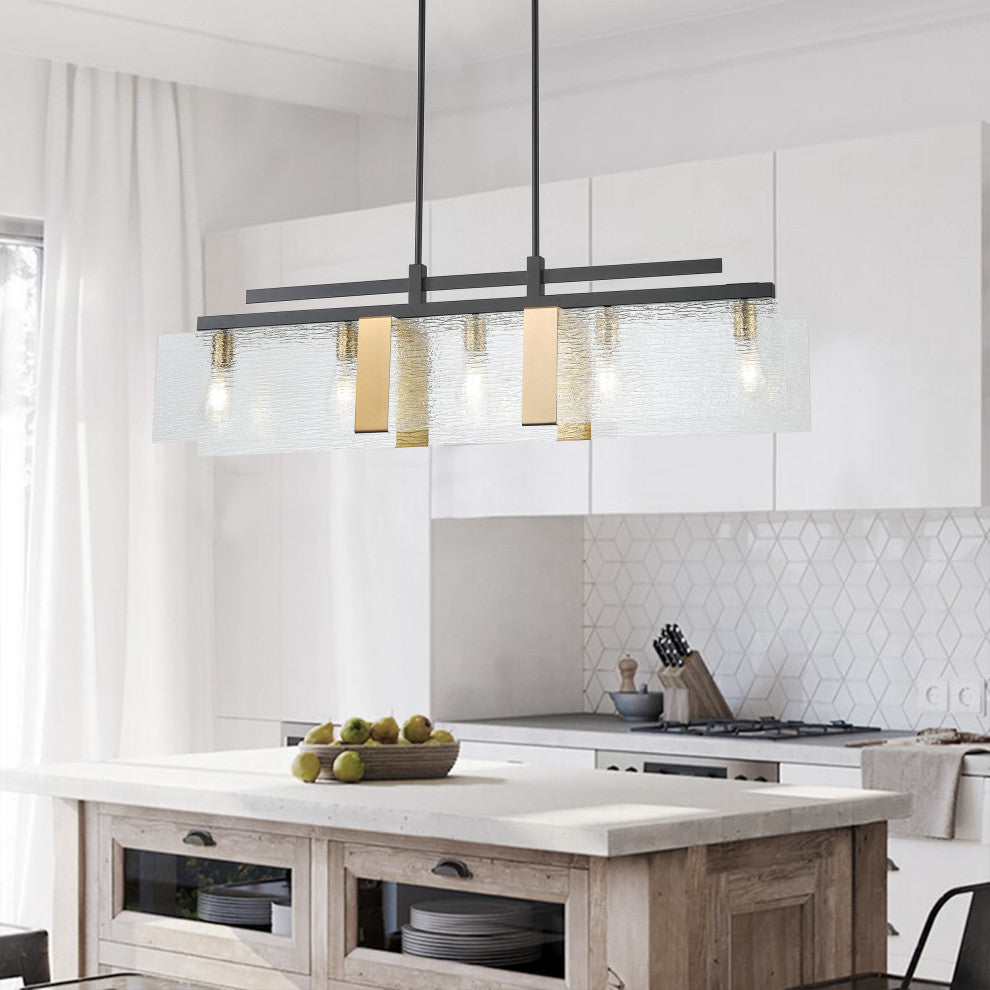 Farmhouse Matte Black 5-Light Rectangle Glass Chandelier for Kitchen Island