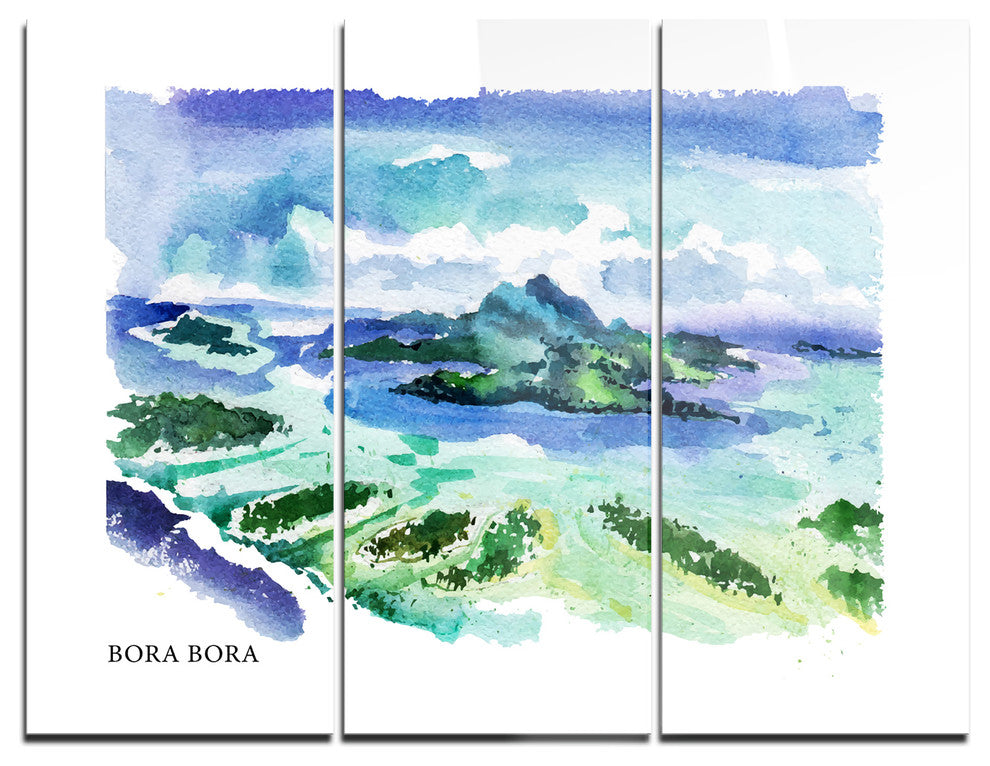 "Bora Bora Vector Illustration" Painting Metal Wall Art, 3 Panels, 36"x28"