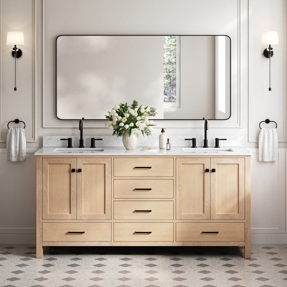 Cambridge 73" Double Bath Vanity With Italian Carrara Marble Top, Oak