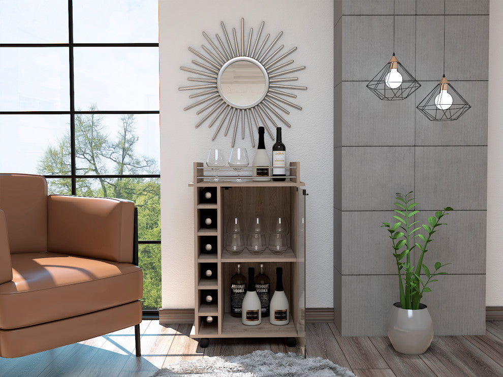 Vegas Bar Cart with Glass Door, 6 Wine Cubbies, and 2 Inner Shelves, Light Grey
