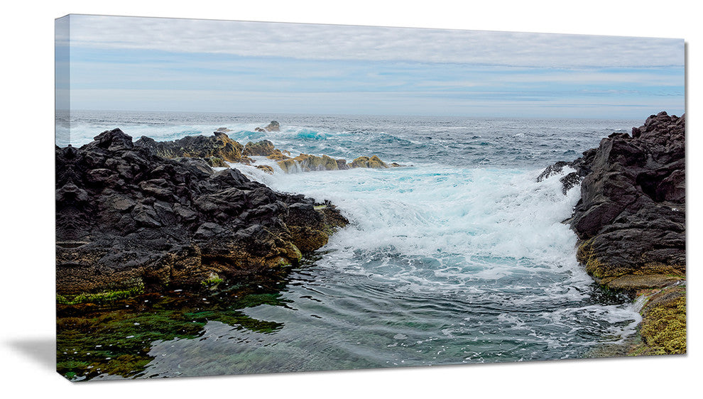 "Splashing Waters To Mossy Rock" Seashore Canvas Art, 40"x20"