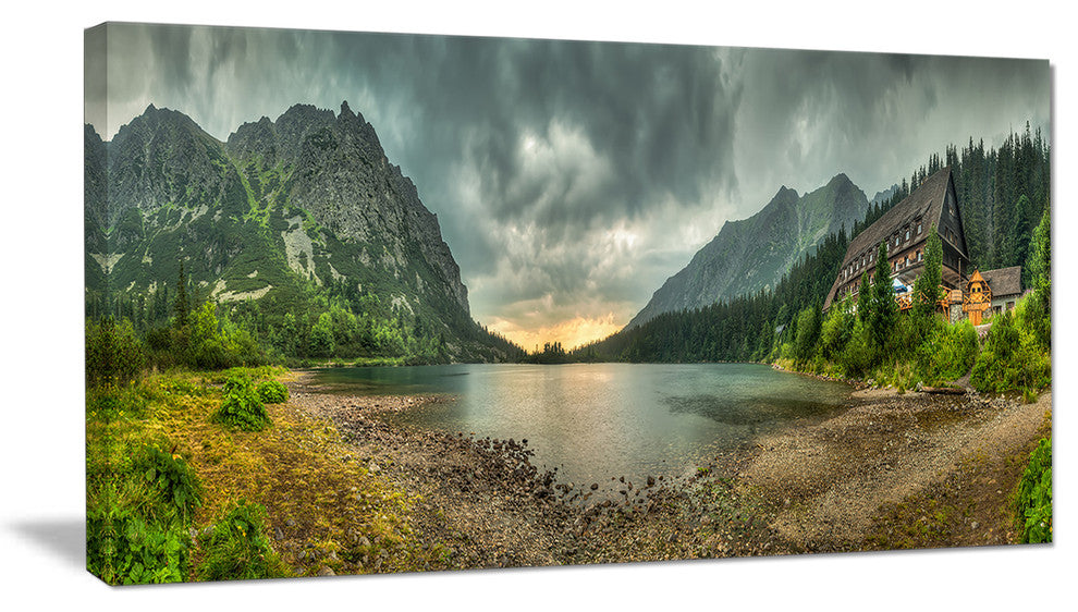 "Mountain Chalet At Sunset Panorama" Landscape Wall Art, 1 Panel, 60"x28"