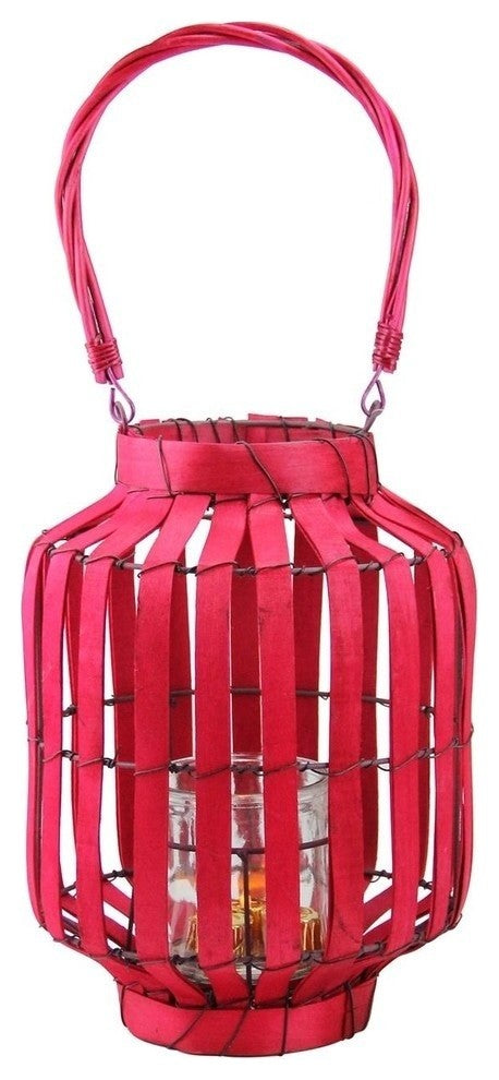 20" Tropicalia Cabana Tiki Bar Votive Candleholder Lantern, Blush Red