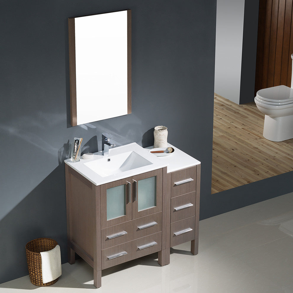 Torino 36" Gray Oak Modern Bathroom Vanity With Side Cabinet, FFT3111CH
