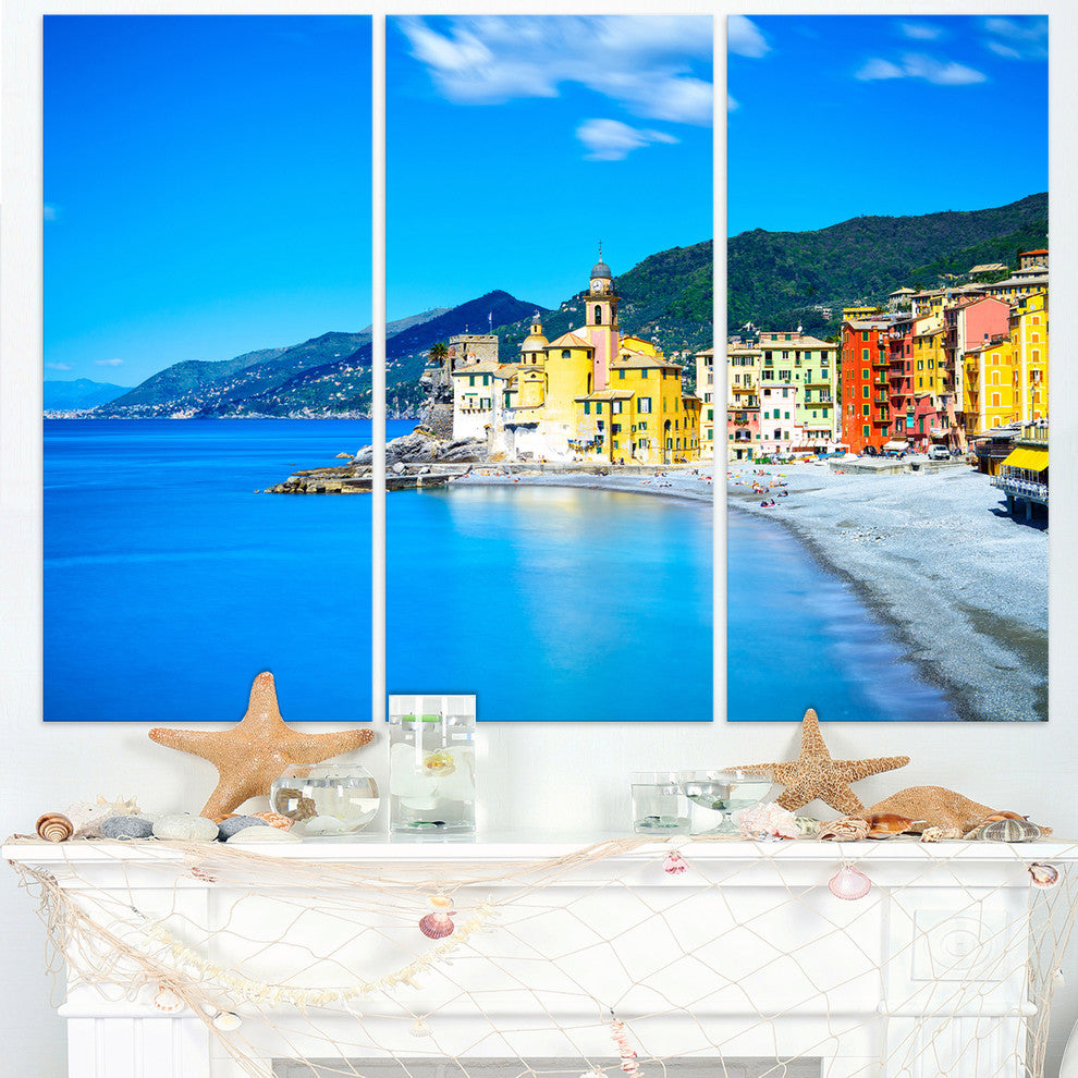 "Camogli Church on Sea and Beach View" Metal Wall Art, 3 Panels, 36"x28"