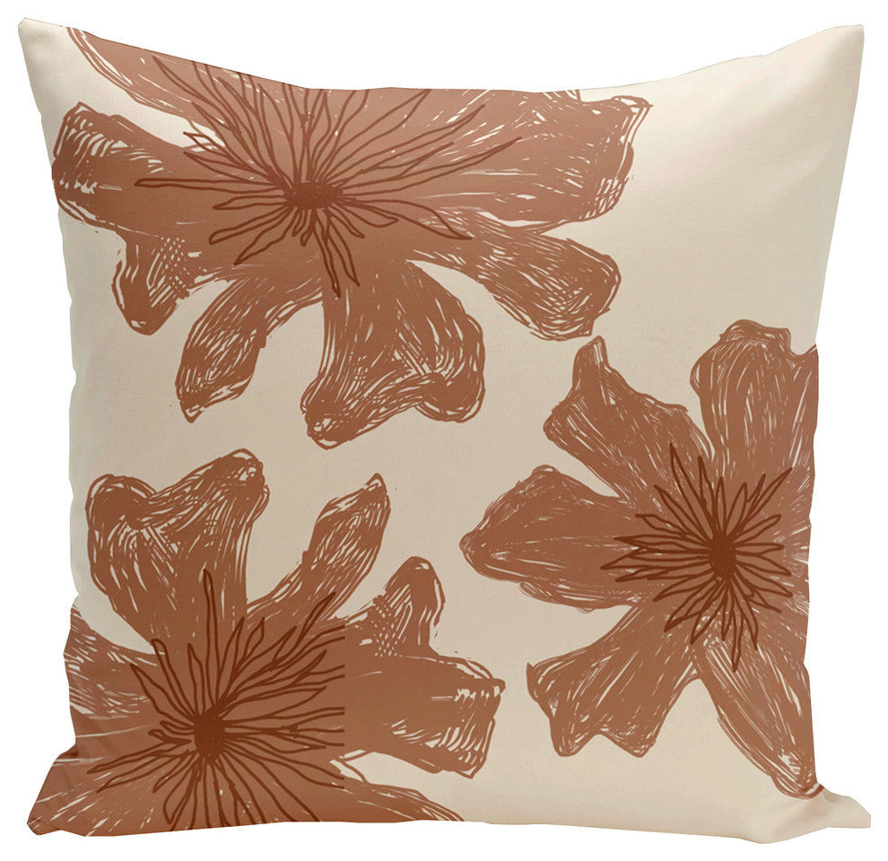 Polyester Pillow, Floral, Off-White, Rust, Brown, 20"x20"