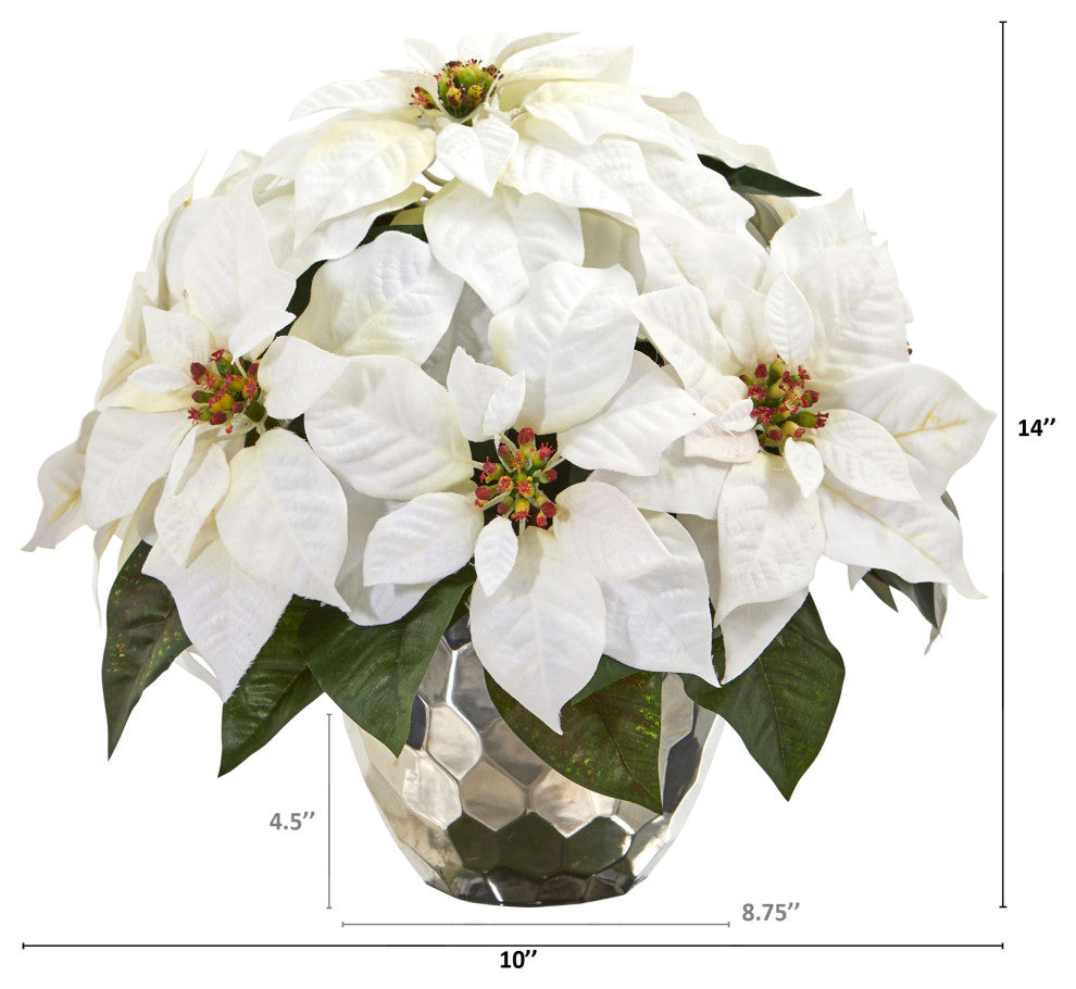 14" Poinsettia Artificial Arrangement, Designer Silver Bowl