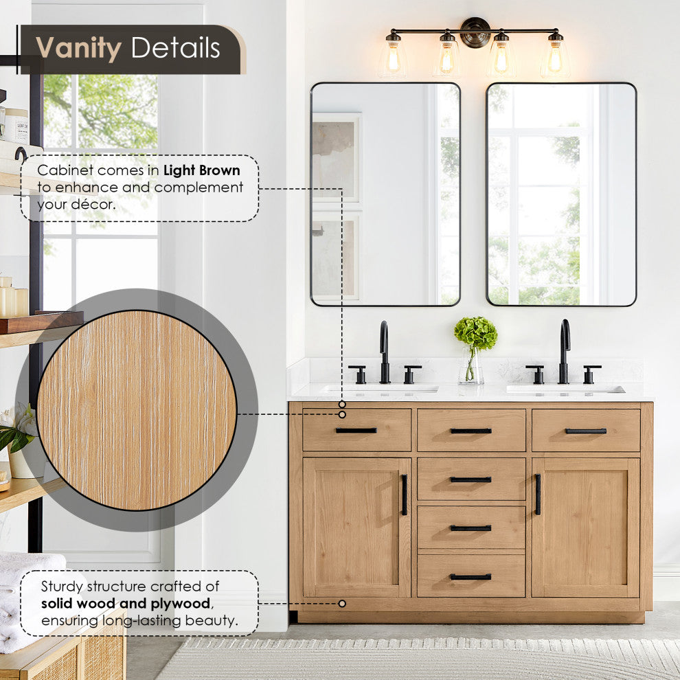 Gavino Vanity With Grain White Composite Stone Top, Light Brown/Matte Black, 54", With Mirror