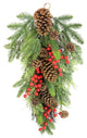 28"  Faux Red Berries, Natural Pine Cones and Cedar Christmas Teardrop