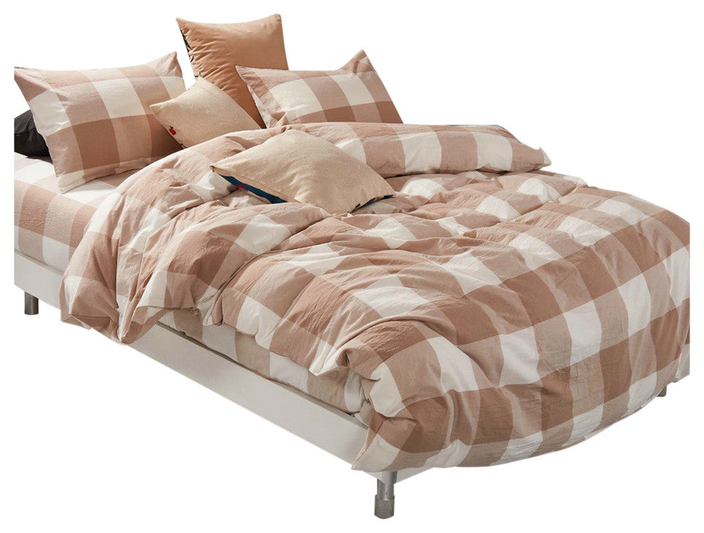 Gingham Washed Cotton 3 Piece Duvet Set, Coffee, King (102" X 90")