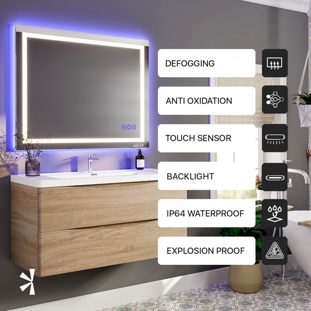 Eviva Deco Piece Wall Mounted Bathroom Vanity, Backlit Led Mirror Frame Lights