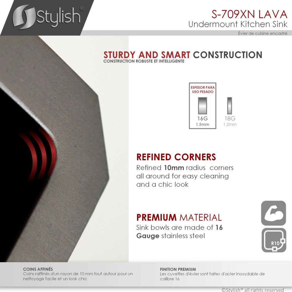 STYLISH 16in Graphite Black Single Bowl Undermount Stainless Steel Kitchen Sink