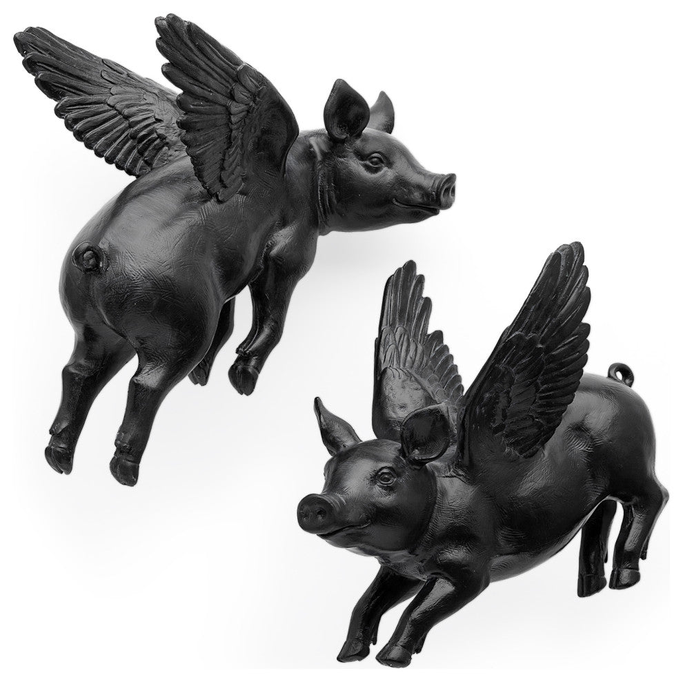 Hogbadi I White Resin Flying Pigs, Set Of 2, Black