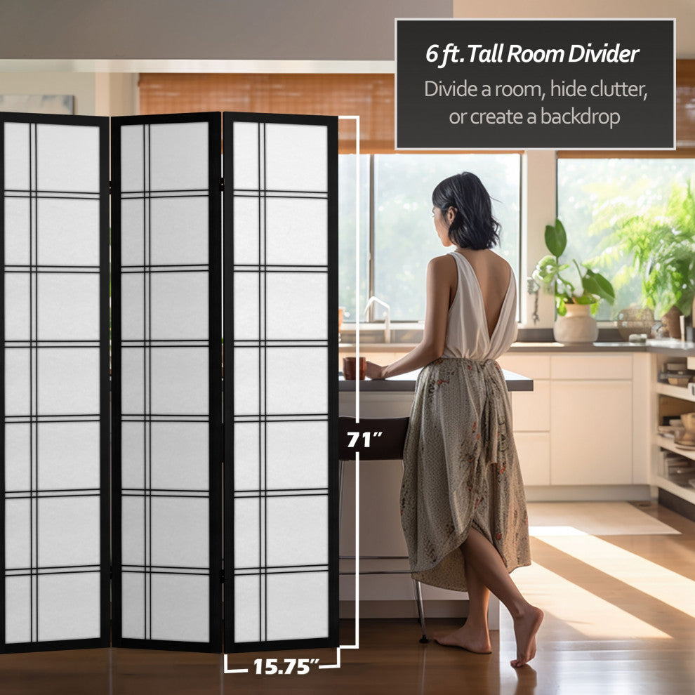 6' Tall Canvas Double Cross Room Divider, Black, 4 Panels