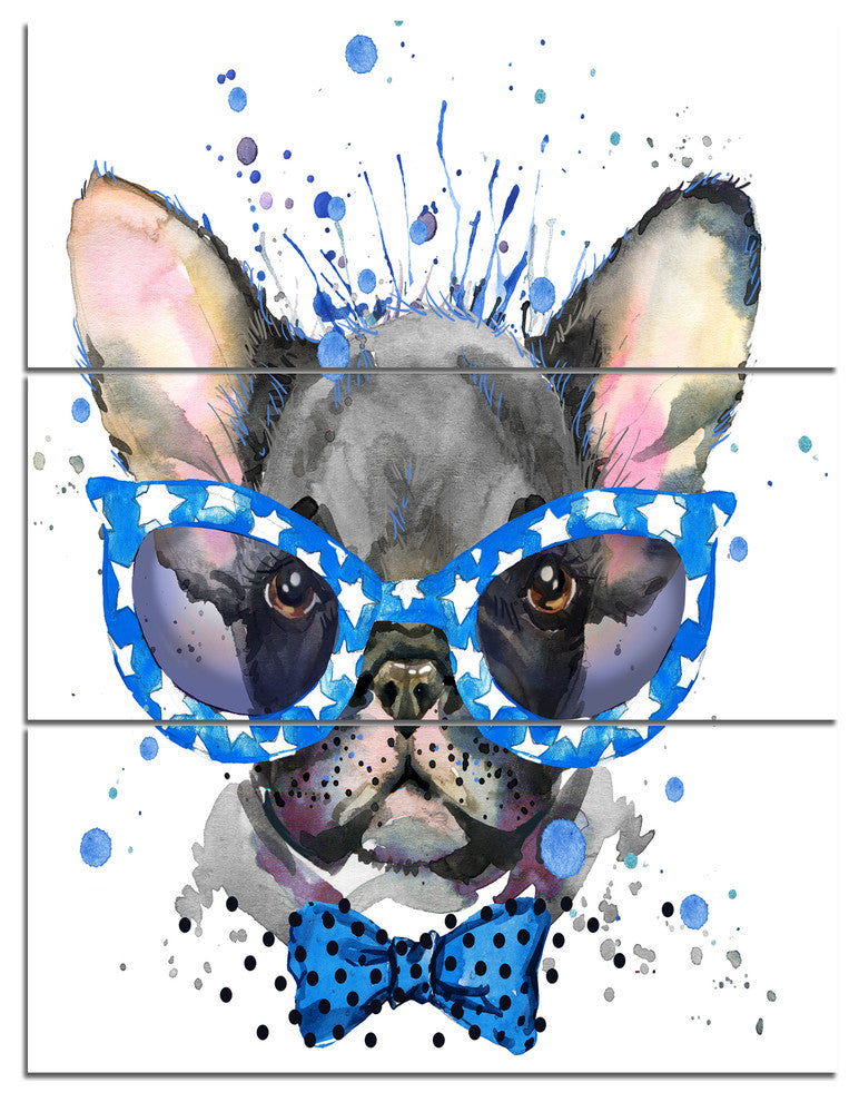 Cute French Bulldog with Glasses, Animal Canvas Wall Art, 28x36, 3 Panels