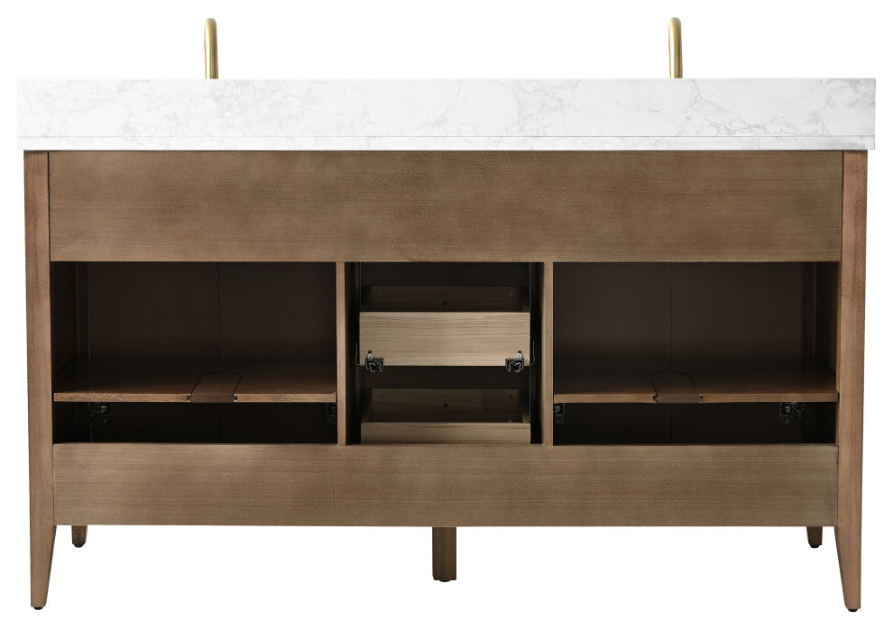 Vanity Art Freestanding Vanity, Walnut, 60", Double Sink, Golden Brushed
