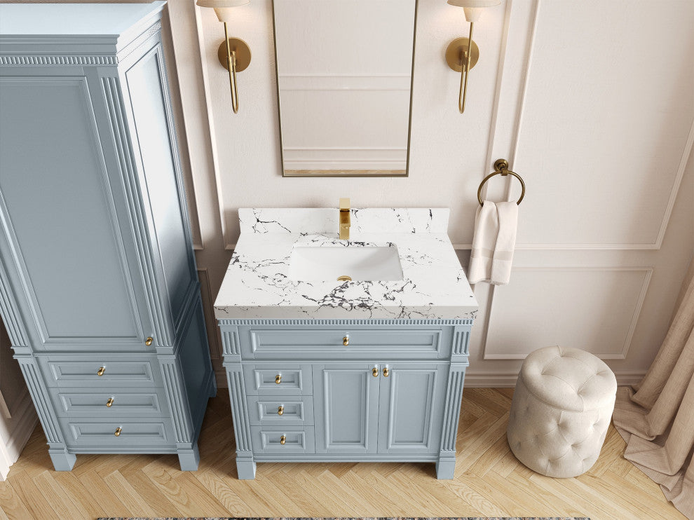 Paris 36" Center Sink Bathroom Vanity, Blue Heather 2" Viola Night