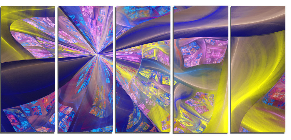 Purple Yellow Fractal Curves, Abstract Canvas Art Print, 60"x28", 5 Panels