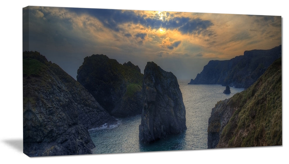 "Dark Rocky Panorama Coastline" Seashore Canvas Art, 32"x16"