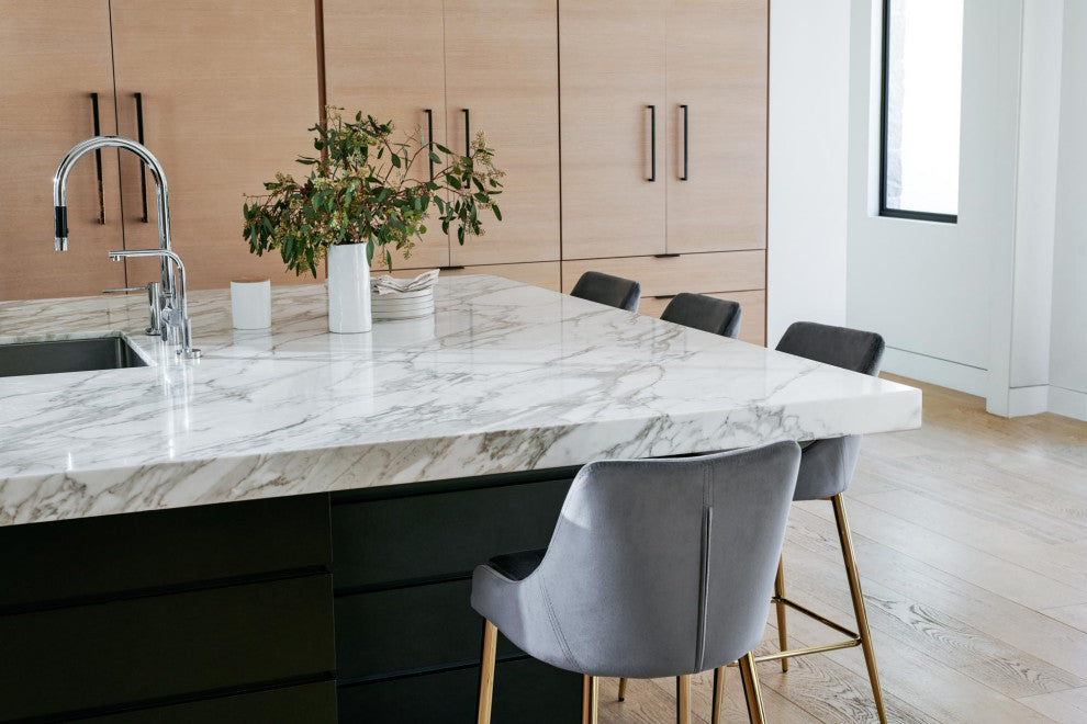 Karina Velvet Stool (Set of 2), Gray, Gold Base