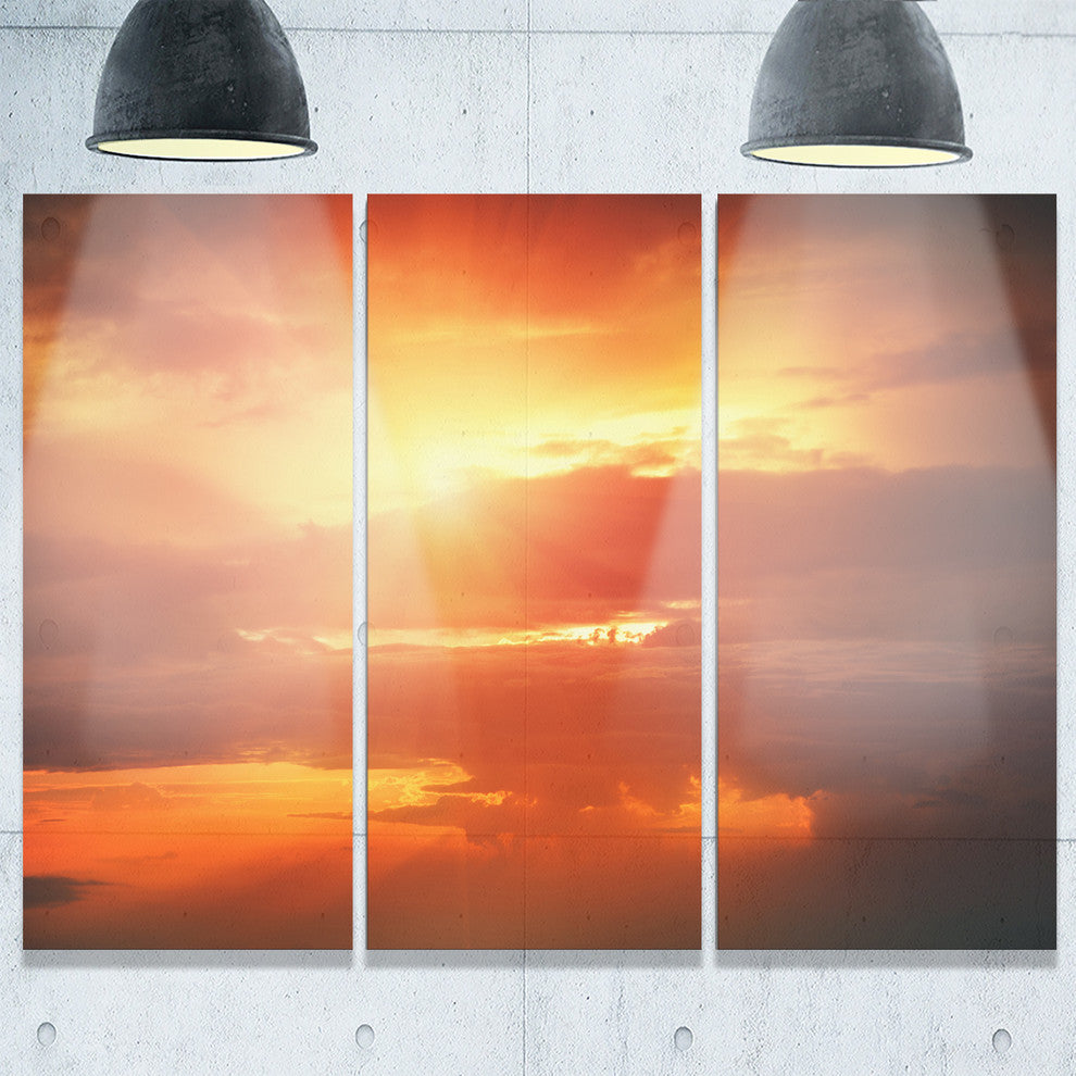 "Yellow Sunset Above Clouds" Oversized Beach Metal Wall Art, 3 Panels, 36"x28"