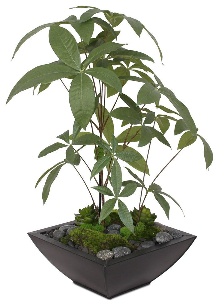 Artificial Chinese Money Tree with Succulents in Black Zinc Pot