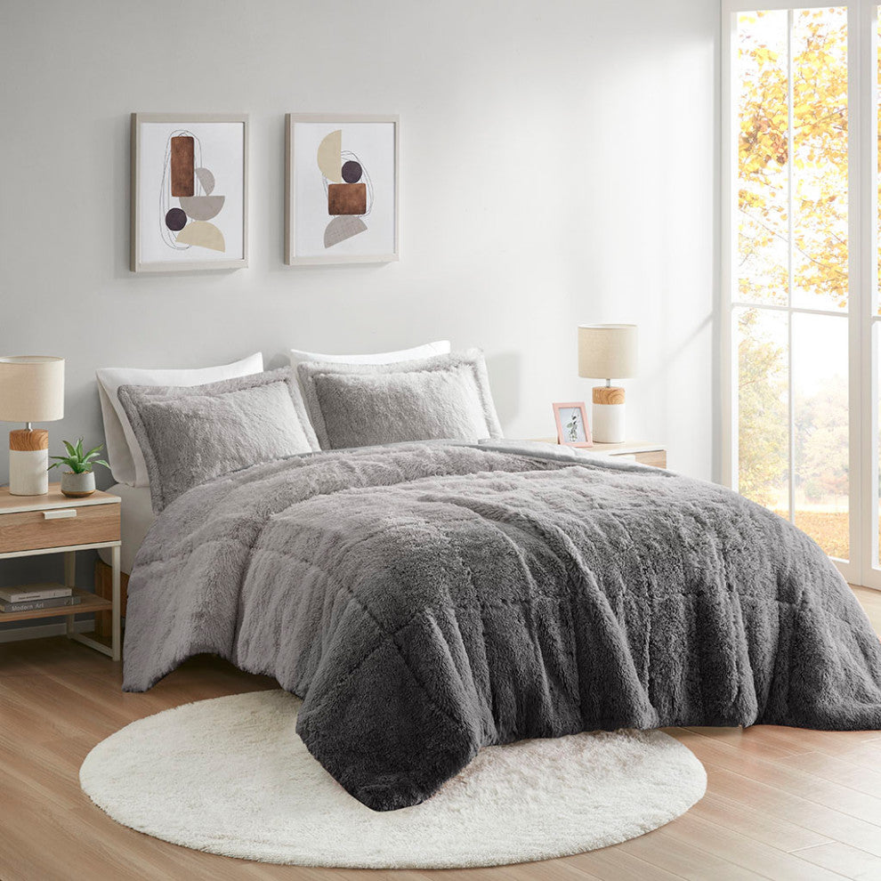 Intelligent Design Brielle Ombre Shaggy Long Fur Comforter Mini Set, Grey