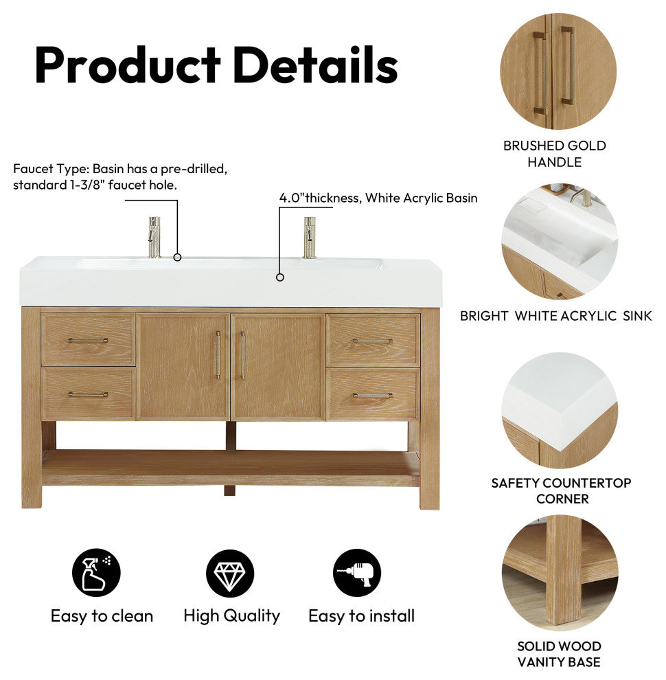 Vera Bath Vanity with Stone Top, Washed Ash Grey, 60", Single Vanity, No Mirror