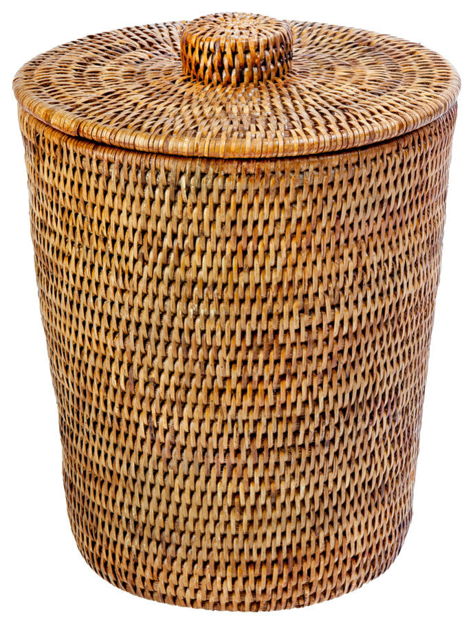 La Jolla Rattan Round Waste Basket With Plastic Insert and Lid, Honey-Brown