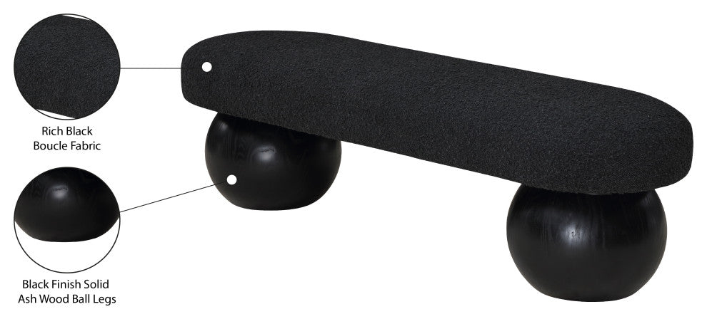 Meridian Furniture Bowie Boucle Fabric Upholstered Bench, Black, Black Finish
