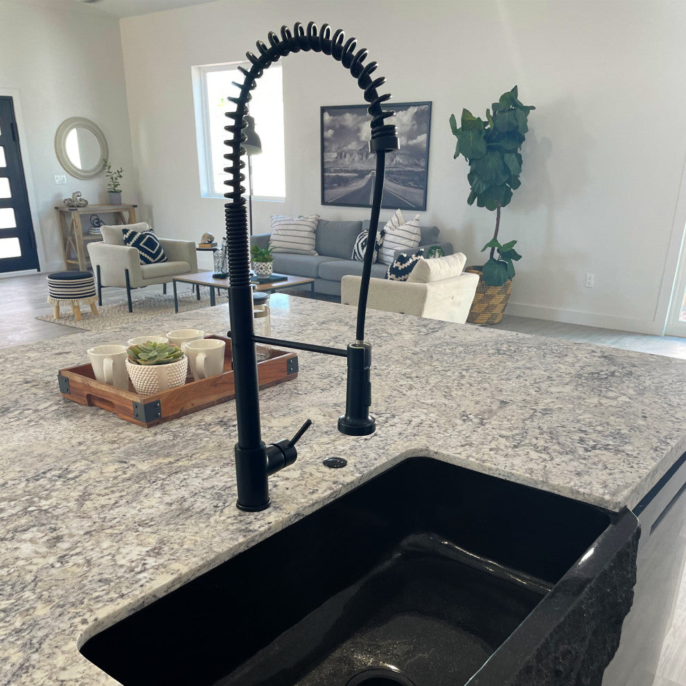 Single Bowl Kitchen Sink, Black Granite With Natural Chiseled Apron