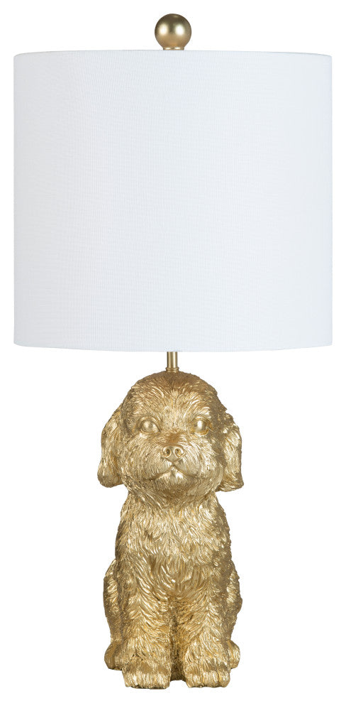 23" Gold Resin Doodle Dog Table Lamp With White Drum Shade