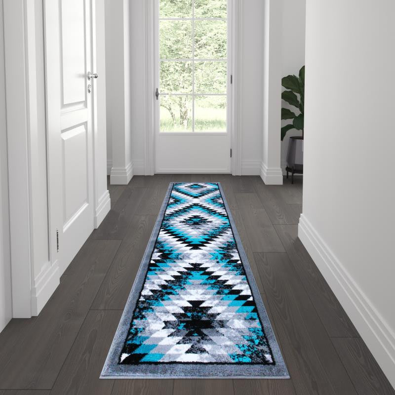 Teagan Collection Southwestern Area Rug - Olefin Rug with Jute Backing, Turquoise, 2' X 7'