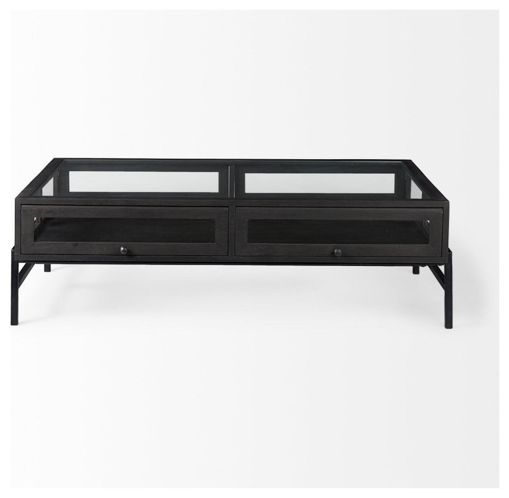 Arelius Glass-Top Black-Brown Wood With Black Metal Base Display Coffee Table