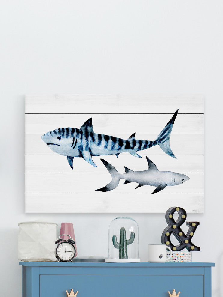 "Sharks Duo" Painting Print on White Wood, 18x12