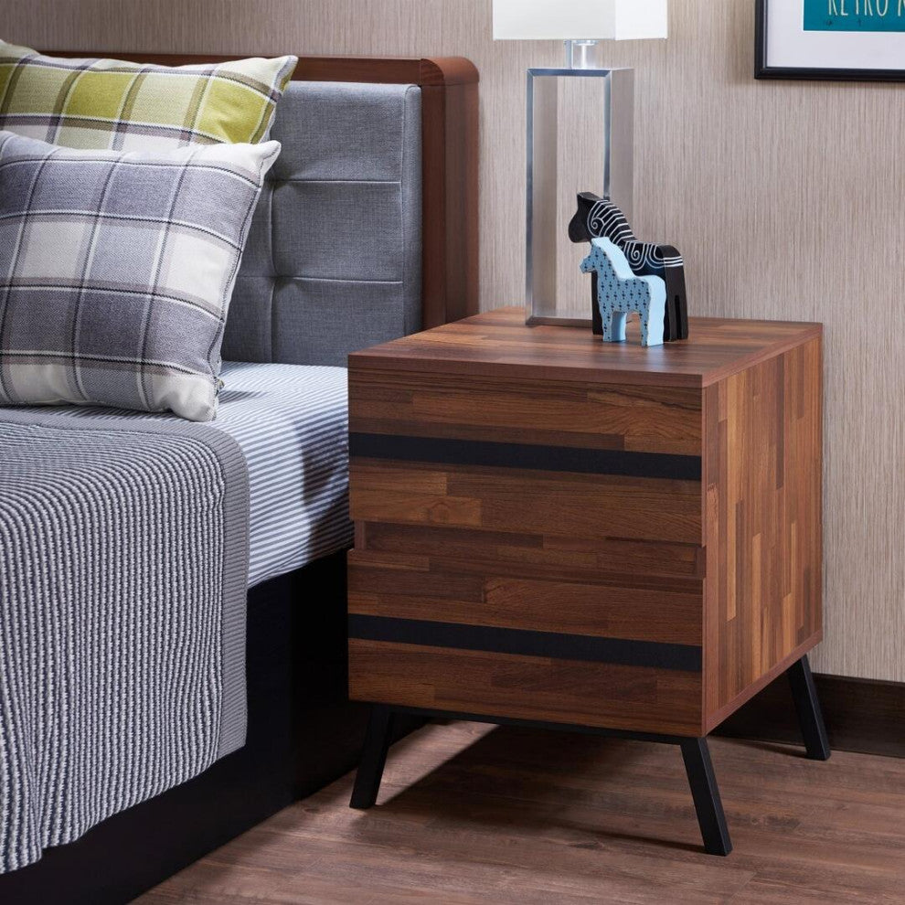 Wooden End Table with 2 Drawers, Walnut