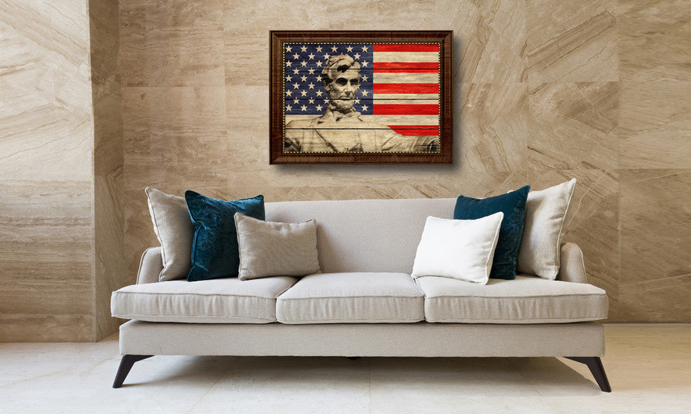 Abraham Lincoln Memorial Textured Flag Print With Brown Gold Frame, 19"X27"