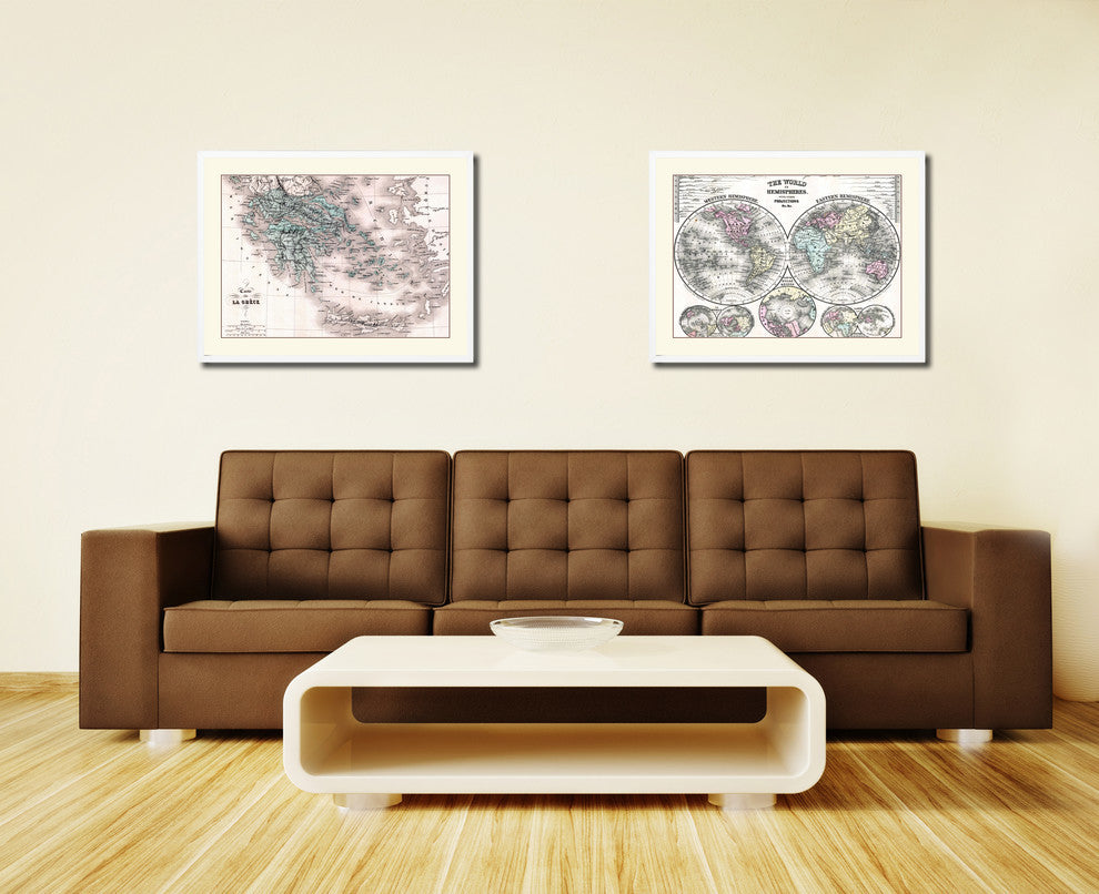 Greece Vintage Old Map Print On Canvas With Picture Frame 28" X 37"