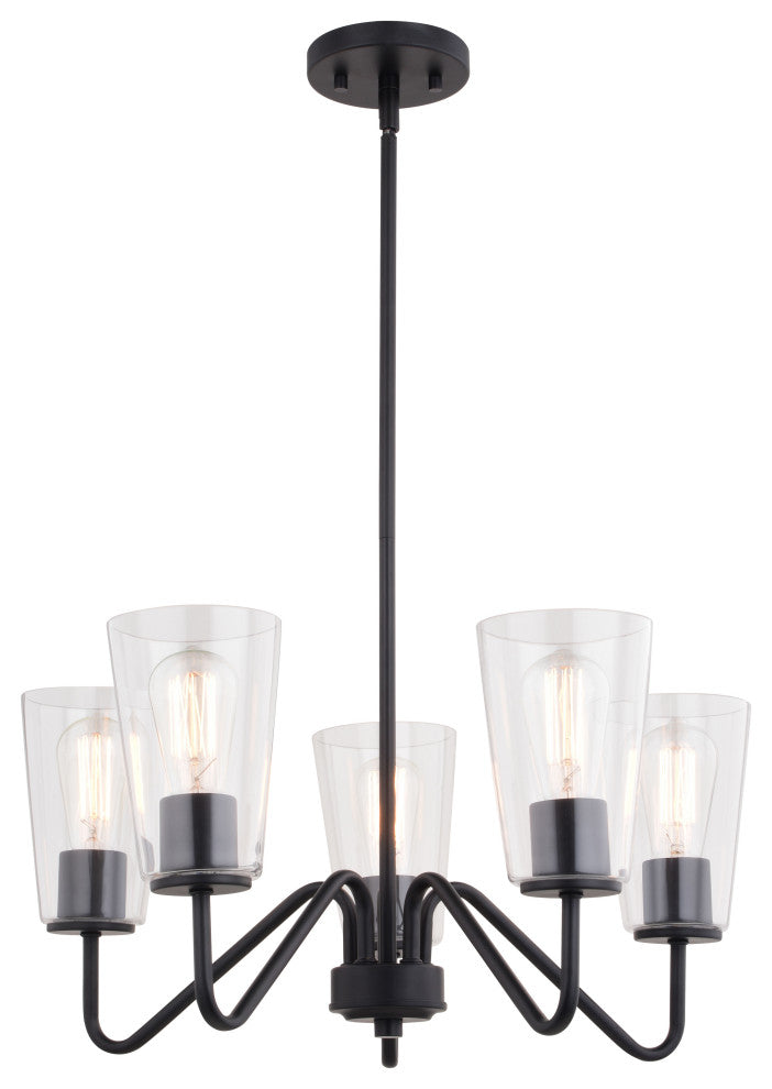 Beverly 5 Light Matte Black Chandelier Fixture Clear Glass Shade, LED Compatible