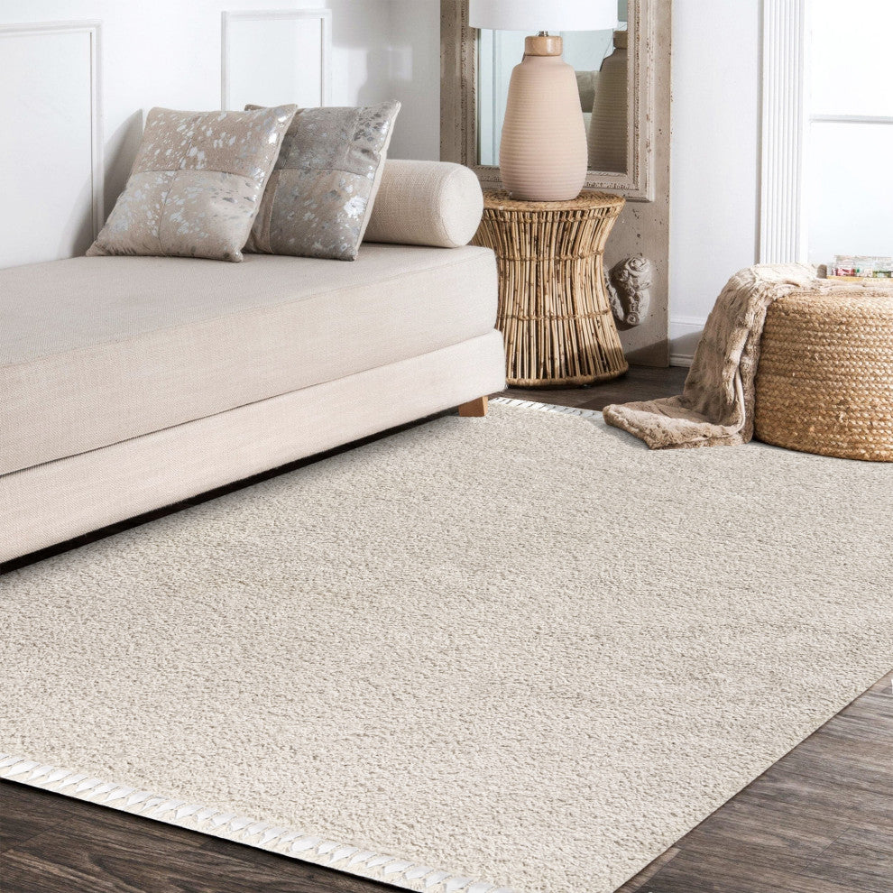 Mercer Shag Plush Tassel Area Rug, Cream, 8 X 10